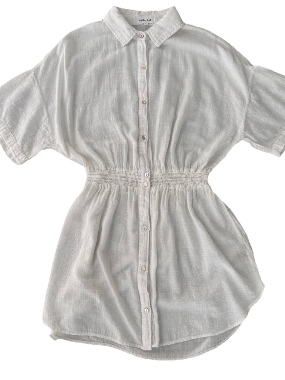 Bella Dahl White Beach Tunic Front Button Smocked Waist Size L